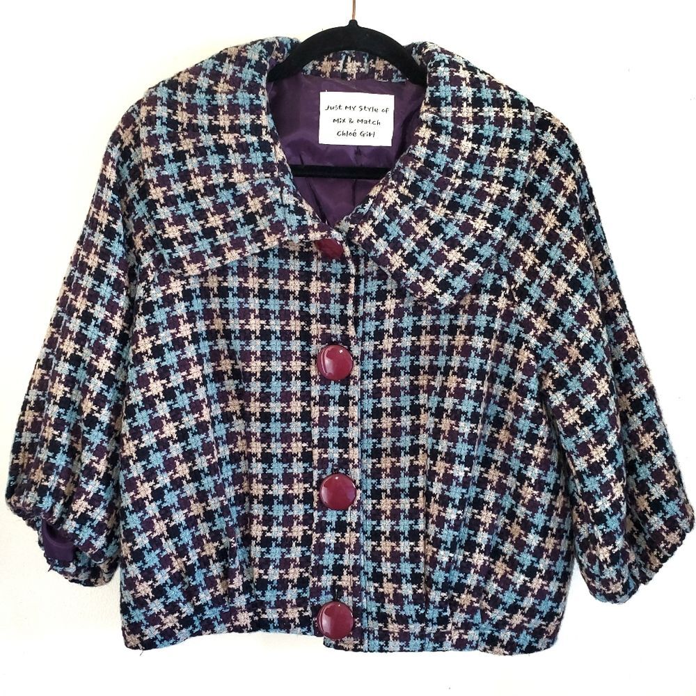 Houndstooth Tweed Cropped Jacket Purple Blue Dolman Sleeve Medium